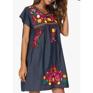 YZXDORWJ Mexican Inspired Embroidered Cotton Boho Dress Size XXL
